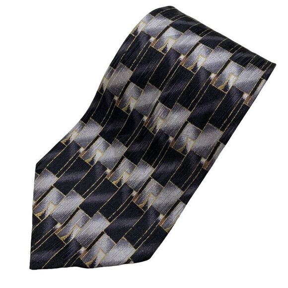 Vtg Oscar de la Renta Mens Necktie Tie Black Silver Gold Geometric Silk Designer - Picture 1 of 7
